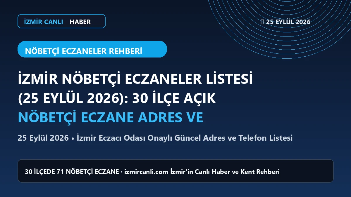 İzmir Nöbetçi Eczaneler Listesi (25 Eylül 2026): 30 İlçe Açık Nöbetçi Eczane Adres ve Telefonları - İzmir Eczacı Odası / İBB Açık Veri İzmir Canlı